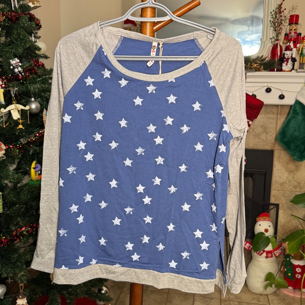 Poof! Blue and Gray Star Long Sleeve Tee